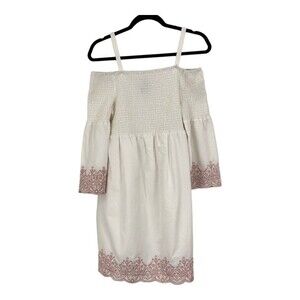 Seraphine 8 White Pink Embroidered Off the Shoulder Maternity Dress